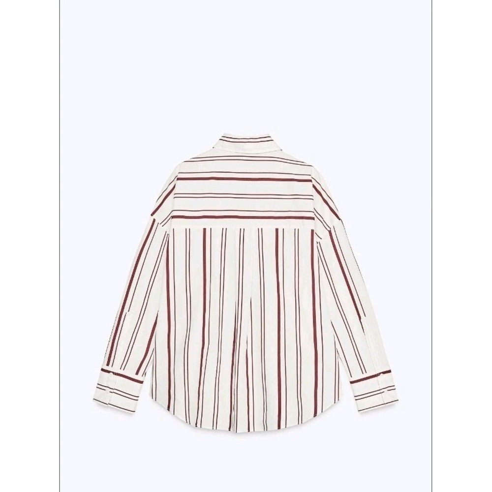 Zara Striped Button Down Relaxed Fit 100% Cotton Burgundy White Size M NWOT - Picture 8 of 9